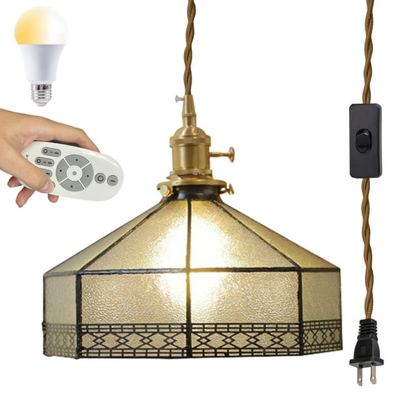 Kiven Plug in Glass Pendant Light, Vintage Hanging Light with Remote Control and 15FT Plug in Cord, Dimmable Ceiling Pendant Light , E26 Base