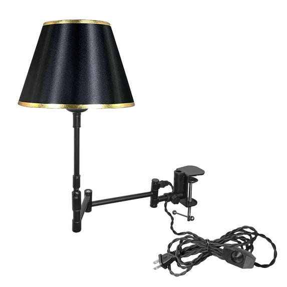 Kiven Plug-in Modern Clip-on Desk Lamp, 1-Light Black Fabric Nightstand Lamp with Flexible Arm, 8.2FT Plug in Cord, Farmhouse Decorative Clamp Lamp for Bookshelf Bedside Office Home Decor