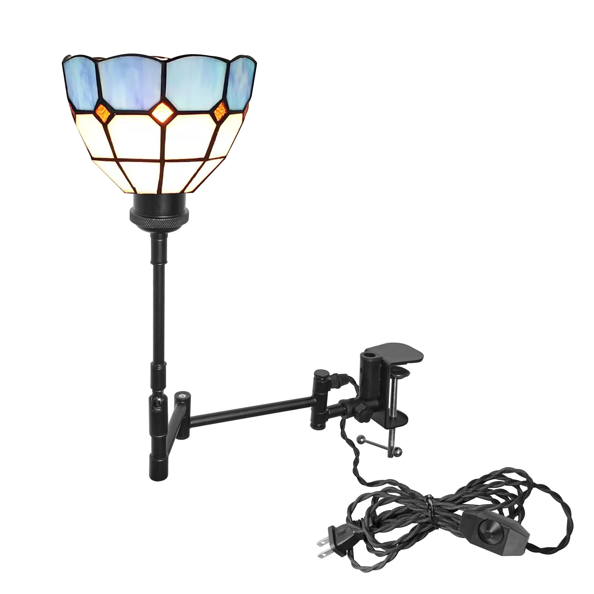 Kiven Plug-in Modern Clip-on Desk Lamp, 1-Light Blue Glass Nightstand Lamp with Flexible Arm, 8.2FT Plug in Cord, Decorative Clamp Lamp for Bookshelf Bedside Office Farmhouse Home Decor