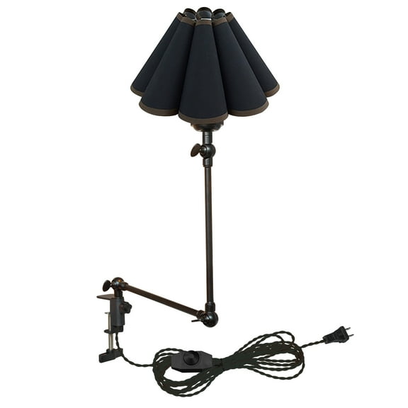 Kiven Plug-in Modern Clip-on Desk Lamp, 1-Light Modern Nightstand Lamp with Flexible Arm, Black Pleated Fabric Lampshade, 8.2FT Plug in Cord, Decorative Clamp Lamp for Office Home Bookshelf Bedside