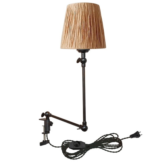 Kiven Plug-in Modern Clip-on Desk Lamp, 1-Light Nightstand Lamp with Flexible Arm, Beige Drum Raffia Handmade Lampshade, 8.2FT Plug in Cord, Decorative Clamp Lamp for Office Home Bookshelf Bedside