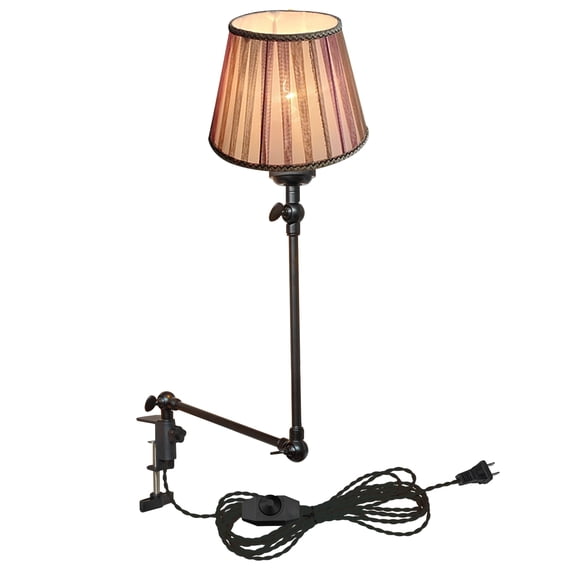 Kiven Plug-in Modern Clip-on Desk Lamp, 1-Light Nightstand Lamp with Flexible Arm, Purple Fabric Drum Lampshade, 8.2FT Plug in Cord, Decorative Clamp Lamp for Bookshelf Bedside Office Home