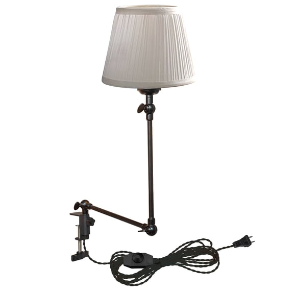Kiven Plug-in Modern Clip-on Desk Lamp, 1-Light Nightstand Lamp with Flexible Arm, White Fabric Drum Lampshade, 8.2FT Plug in Cord, Decorative Clamp Lamp for Bookshelf Bedside Office Home