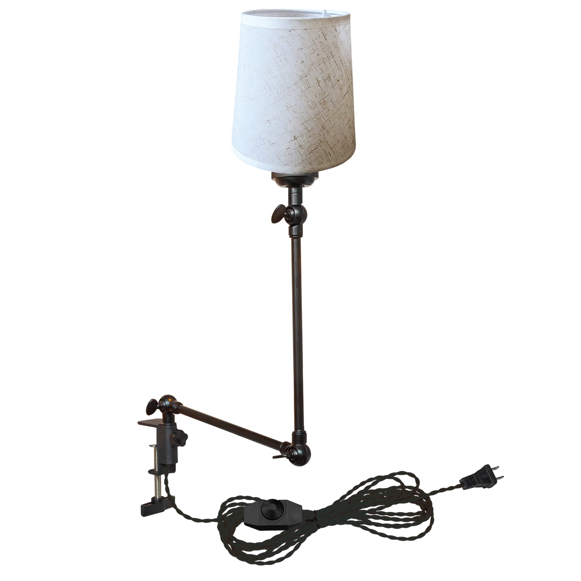 Kiven Plug-in Modern Clip-on Desk Lamp, 1-Light Nordic Nightstand Lamp with Flexible Arm, Beige Drum Fabric Lampshade, 8.2FT Plug in Cord, Decorative Clamp Lamp for Office Home Bookshelf Bedside