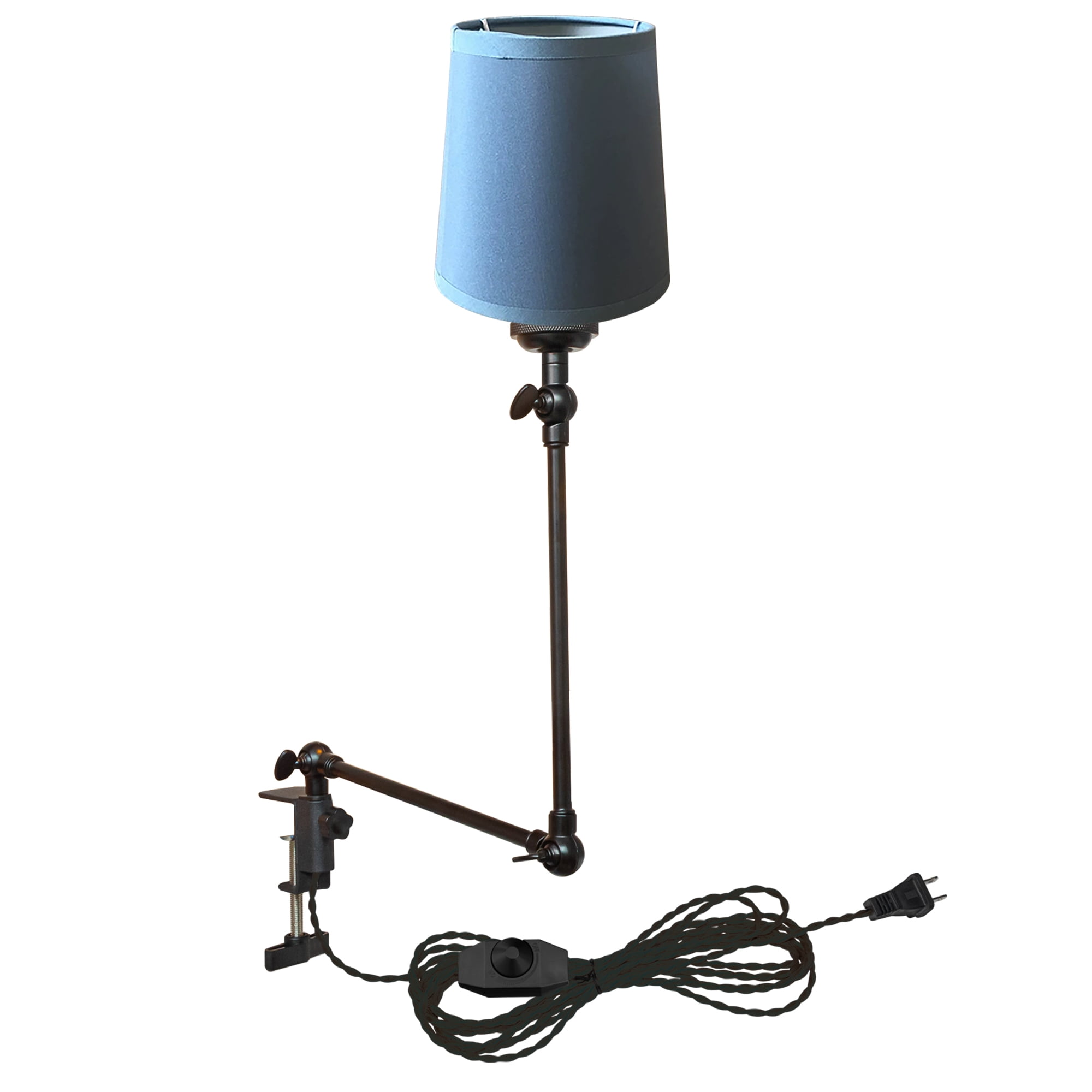 Kiven Plug-in Modern Clip-on Desk Lamp, 1-Light Nordic Nightstand Lamp with Flexible Arm, Blue Drum Fabric Lampshade, 8.2FT Plug in Cord, Decorative Clamp Lamp for Office Home Bookshelf Bedside