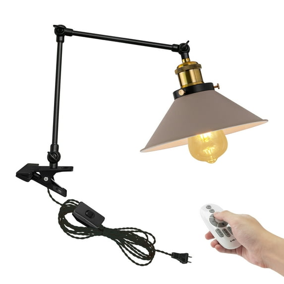 Kiven Plug-in Modern Clip-on Desk Lamp with Remote Control, 1-Light Nightstand Lamp with Flexible Arm, 8.2FT Plug in Cord, Decorative Clamp Lamp for Office Home Bookshelf Bedside Khaki Finish