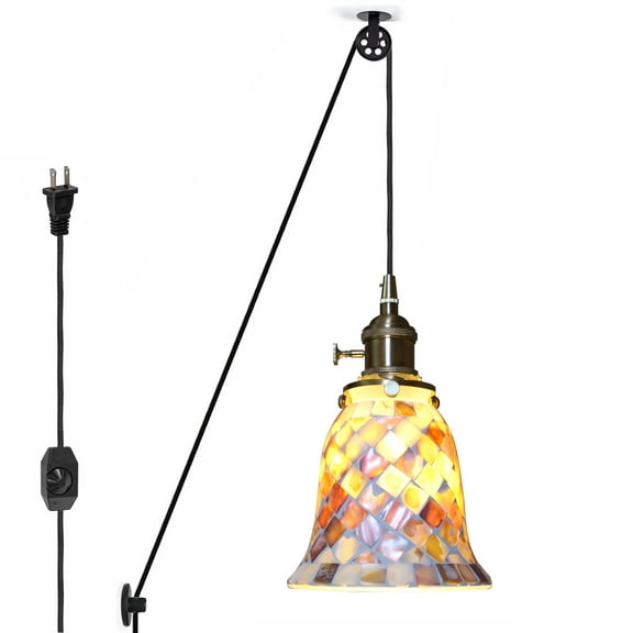 Kiven Plug in Modern Pendant Light, Pulley Hanging Light with Glass Lampshade and 15FT Cord, Dimmable Ceiling Pendant Light, E26 Base