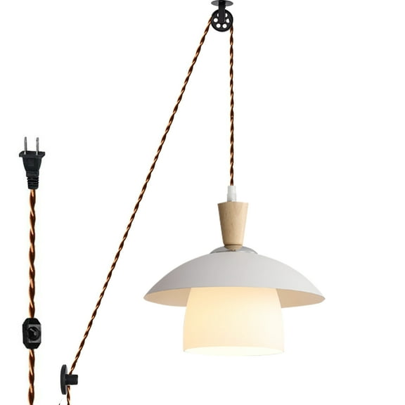 Kiven Plug in Modern Pendant Light, Pulley Hanging Light with Glass Lampshade and 15FT Cord, Dimmable Ceiling Pendant Light, E26 Base