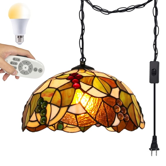 Kiven Plug in Pendant Light,Classic Hanging Light with Glass Lampshade and Decorated Chain,Dimmable, E26 Socket(Bulb Included)