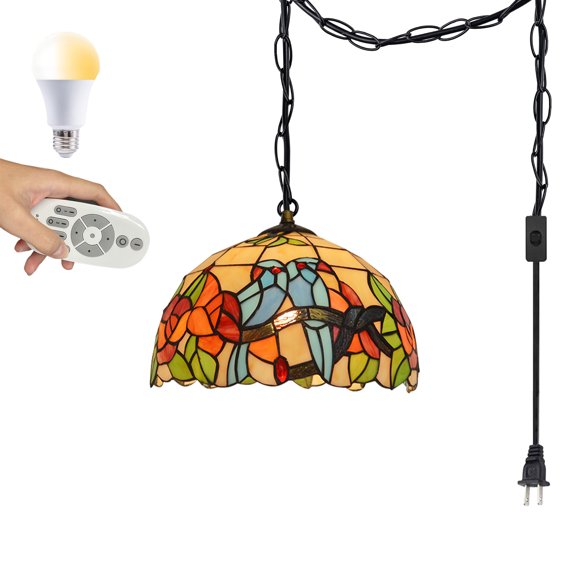 Kiven Plug in Pendant Light,Classic Hanging Light with Glass Lampshade and Decorated Chain,Dimmable, E26 Socket(Bulb Included)