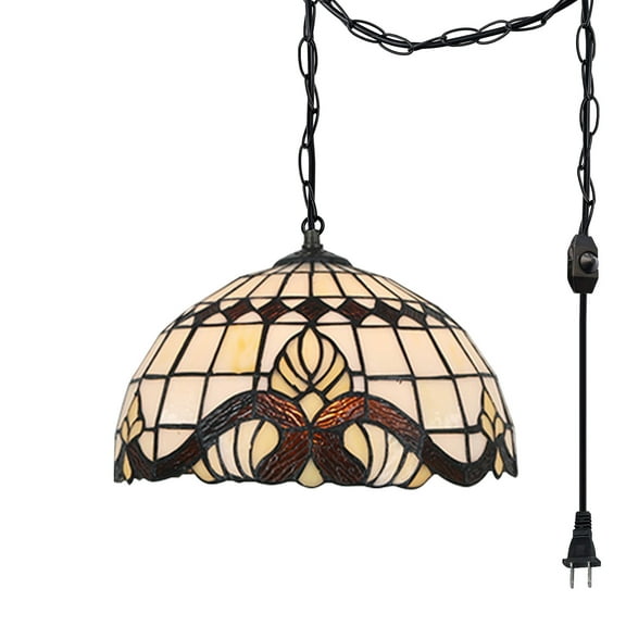 Kiven Plug in Pendant Light,Classic Hanging Light with Glass Lampshade and Decorated Chain,Dimmable, E26 Socket(Bulb Not Included)