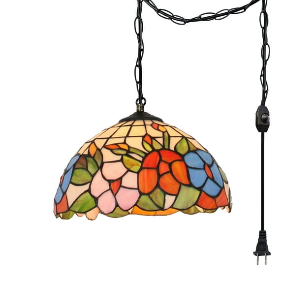 Kiven Plug in Pendant Light,Classic Hanging Light with Glass Lampshade and Decorated Chain,Dimmable, E26 Socket(Bulb Not Included)
