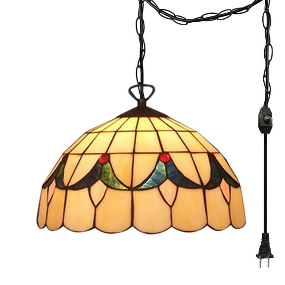 Kiven Plug in Pendant Light,Classic Hanging Light with Glass Lampshade and Decorated Chain,Dimmable, E26 Socket(Bulb Not Included)