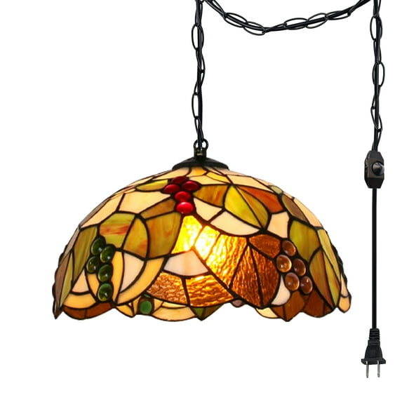Kiven Plug in Pendant Light,Classic Hanging Light with Glass Lampshade and Decorated Chain,Dimmable, E26 Socket(Bulb Not Included)