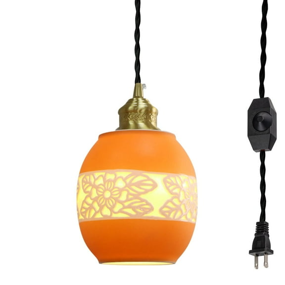 Kiven Plug-in Pendant Light Dimmable Lighting Retro Pendant Light with Ceramic Orange Shade Hanging Living Room Pendant Light Cord Color Can Be Customized Bulb Not Included