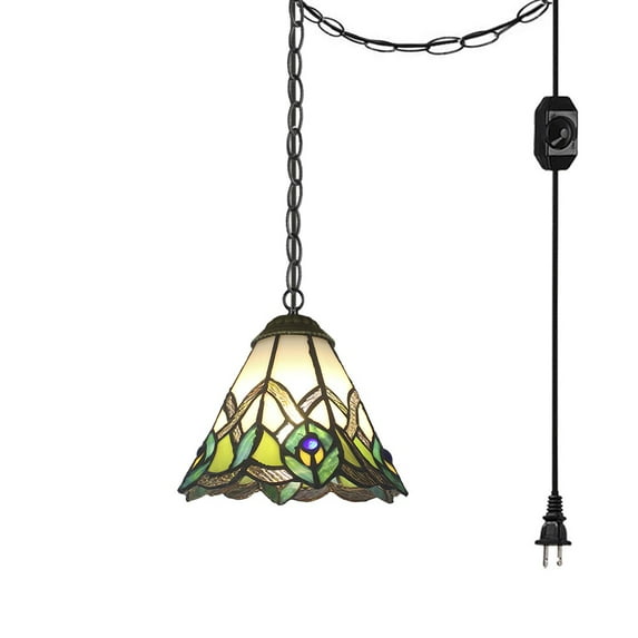 Kiven Plug in Pendant Light,E26 Socket Tiffany Style Hanging Light Fixture with 13ft Iron Chain, Dimmable,1-light