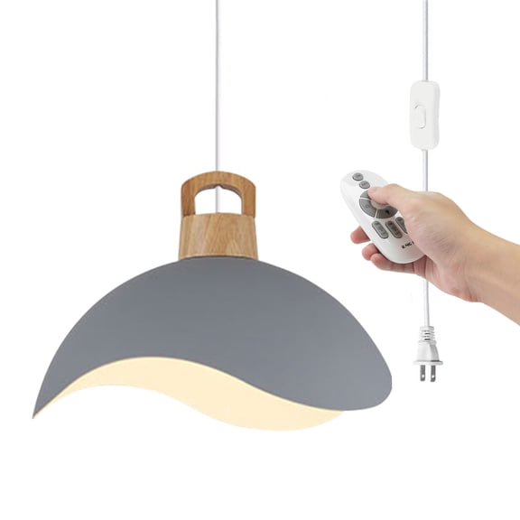 Kiven Plug in Pendant Light, Modern Hanging Light Fixture with Remote Control, Grey Metal Lampshade, E26 Socket Dimmable Pendant Light