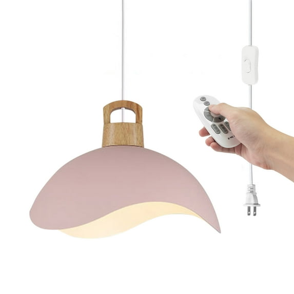 Kiven Plug in Pendant Light, Modern Hanging Light Fixture with Remote Control, Pink Metal Lampshade, E26 Socket Dimmable Pendant Light