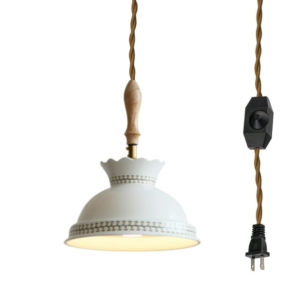 Kiven Plug-in Pendant Light, Modern Hanging Light with Ceramic Lampshade and 15FT Plug in Cord, Dimmable Ceiling Pendant Light