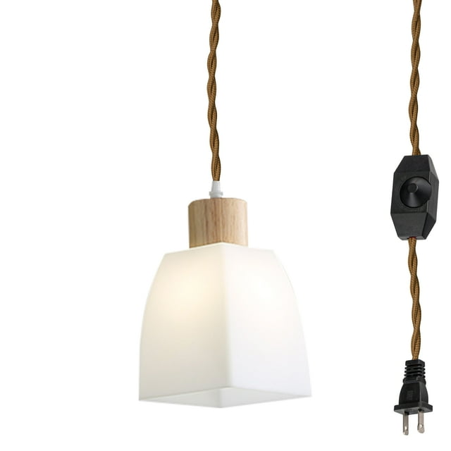 Kiven Plug-in Pendant Light, Modern Hanging Light with Glass Lampshade and 15FT Plug in Cord, Dimmable Ceiling Pendant Light