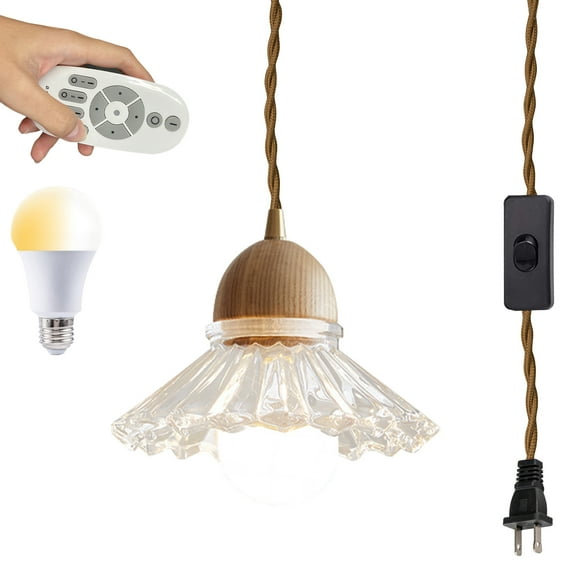 Kiven Plug in Pendant Light, Modern Hanging Light with Remote Control and Glass Lampshade, Dimmable Ceiling Pendant Light, E26 Base