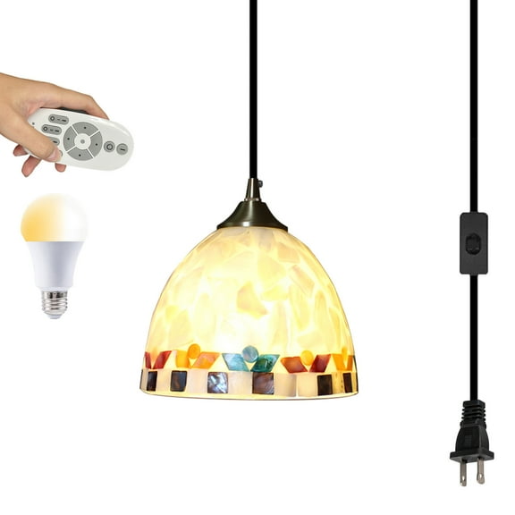 Kiven Plug in Pendant Light, Modern Hanging Light with Remote Control and Glass Lampshade, Dimmable Ceiling Pendant Light, E26 Base