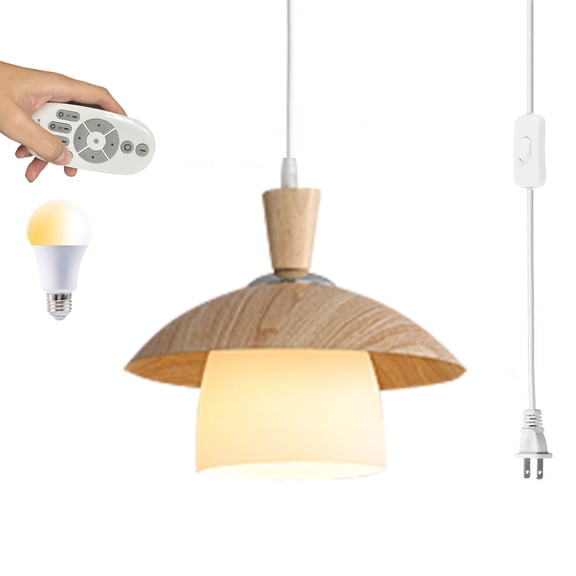 Kiven Plug in Pendant Light, Modern Hanging Light with Remote Control and Glass Lampshade, Dimmable Ceiling Pendant Light, E26 Base