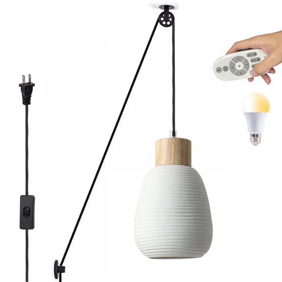 Kiven Plug in Pendant Light, Modern Pulley Hanging Light with Remote Control and Ceramic Lampshade, Dimmable Ceiling Pendant Light, E26 Base