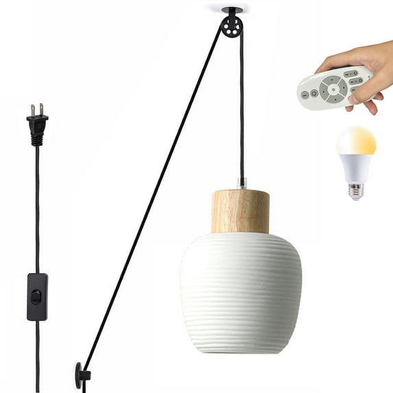 Kiven Plug in Pendant Light, Modern Pulley Hanging Light with Remote Control and Ceramic Lampshade, Dimmable Ceiling Pendant Light, E26 Base
