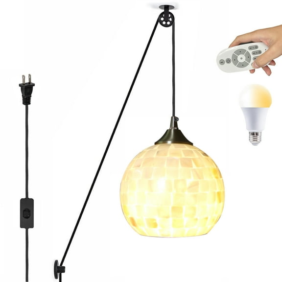 Kiven Plug in Pendant Light, Modern Pulley Hanging Light with Remote Control and Glass Lampshade, Dimmable Ceiling Pendant Light, E26 Base