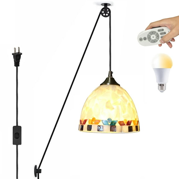 Kiven Plug in Pendant Light, Modern Pulley Hanging Light with Remote Control and Glass Lampshade, Dimmable Ceiling Pendant Light, E26 Base