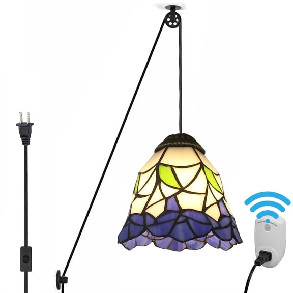 Kiven Plug in Pendant Light, PIR Motion Sensor Tiffany Style Hanging Light Fixture with Pulley,1-light