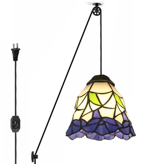 Kiven Plug in Pendant Light, Pulley Hanging Light Fixture Adjustable Height,Dimmable Tiffany Style