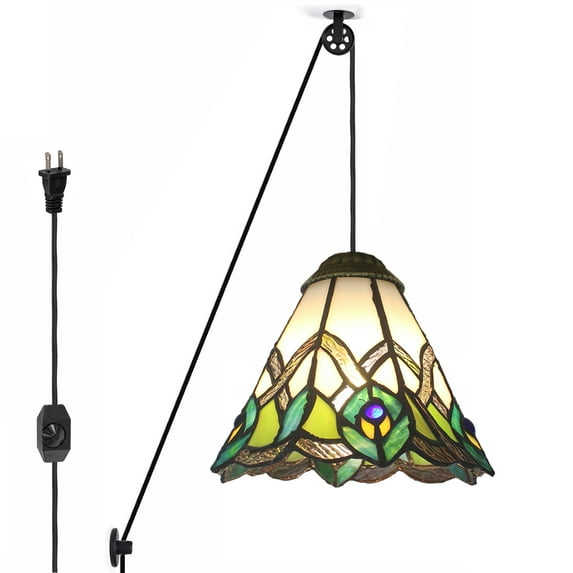 Kiven Plug in Pendant Light, Pulley Hanging Light Fixture Adjustable Height,Dimmable Tiffany Style