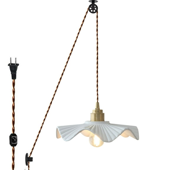Kiven Plug in Pendant Light, Pulley Modern Hanging Light with Ceramic Lampshade and 15FT Cord, Dimmable Ceiling Pendant LightE26 Base