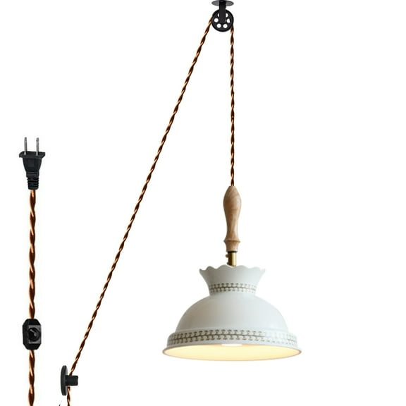 Kiven Plug-in Pendant Light, Pulley Modern Hanging Light with Ceramic Lampshade and 15FT Cord, Dimmable Ceiling Pendant Light