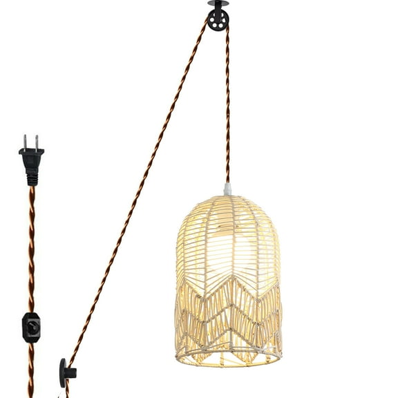 Kiven Plug-in Pendant Light, Pulley Modern Hanging Light with Rattan Lampshade and 15FT Cord, Dimmable Ceiling Pendant Light