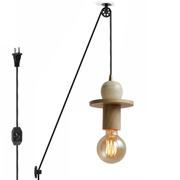 Kiven Plug-in Pendant Light, Pulley Modern Hanging Light with Wooden Holder and 15FT Cord, Dimmable Ceiling Pendant Light