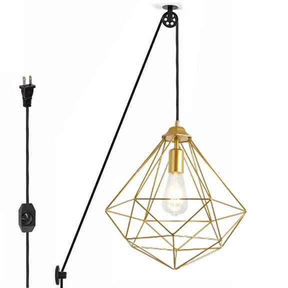 Kiven Plug in Pendant Light, Pulley Vintage Hanging Light Fixture with 15FT Plug in Cord, Iron Chain, On/Off Dimmer Switch, E26 Socket