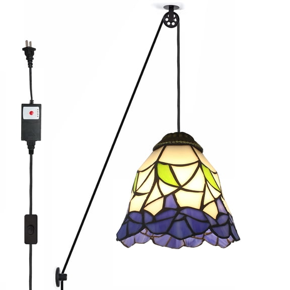 Kiven Plug in Pendant Light, Tiffany Style Hanging Light Fixture with Pulley and Timer,1-light