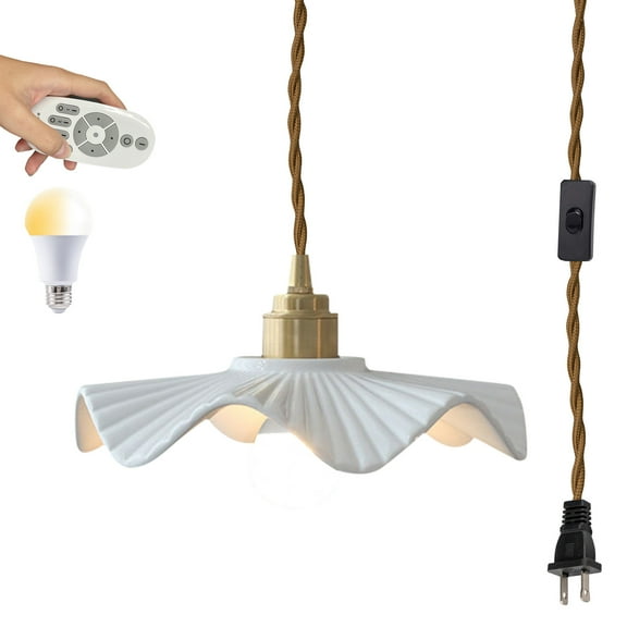 Kiven Plug in Pendant Light, Vintage Hanging Light with Remote Control and Ceramic Lampshade, Dimmable Ceiling Pendant LightE26 Base
