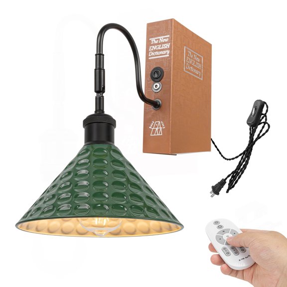 Kiven Plug-in Table Lamp, 1-Light Bookshelf Lamp with Remote Control and Green Iron Lampshade, Farmhouse Decorative Bookend, Plug in Book Lamp for Office Bedside Bookcase Home Decor