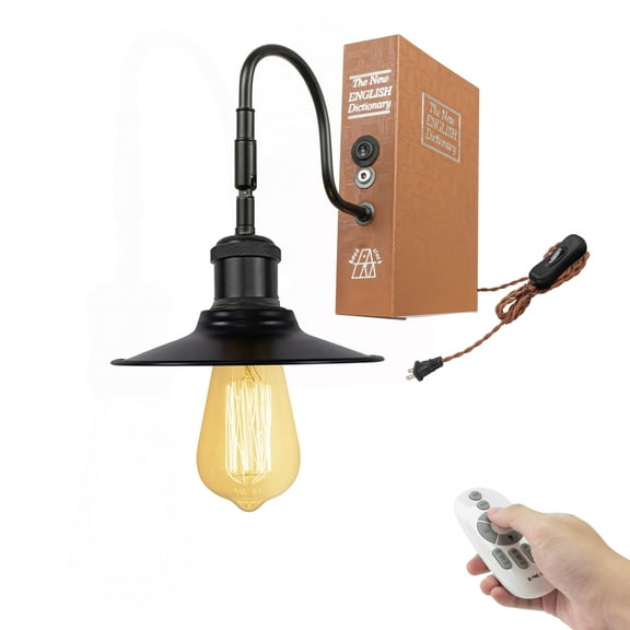 Kiven Plug-in Table Lamp, 1-Light Vintage Bookshelf Lamp with Remote Control, 6.7" Black Lampshade, Farmhouse Decorative Bookend, Plug in Book Lamp for Office Home Decor Bedside Bookcase