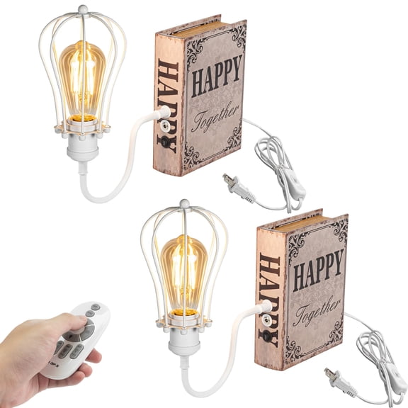 Kiven Plug-in Table Lamps, Set of 2 Industrial Bookshelf Lamp with Remote Control, Farmhouse Decorative Bookend, Plug in Book Lamp for Office Home Decor Bedside Bookcase White DZ0006