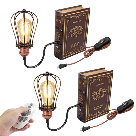 Kiven Plug-in Table Lamps, Set of 2 Industrial Bookshelf Lamp with Remote Control, Farmhouse Decorative Bookend, Plug in Book Lamp for Office Home Decor Bedside Bookcase Rusty Red DZ0006