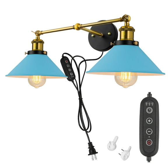 Kiven Plug in Wall Lamp Industrial Style Wall Sconce with Iron Lampshade, 5.9ft Plug-in Cord, Dimmable, Single Light with 2 Lamp Heads, E26 Sokcet