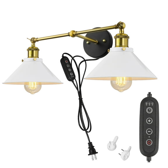 Kiven Plug in Wall Lamp Industrial Style Wall Sconce with Iron Lampshade, 5.9ft Plug-in Cord, Dimmable, Single Light with 2 Lamp Heads, E26 Sokcet