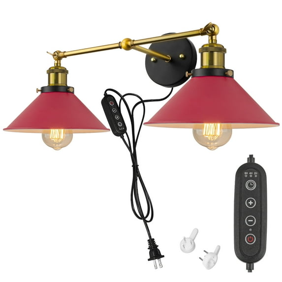 Kiven Plug in Wall Lamp Industrial Style Wall Sconce with Iron Lampshade, 5.9ft Plug-in Cord, Dimmable, Single Light with 2 Lamp Heads, E26 Sokcet