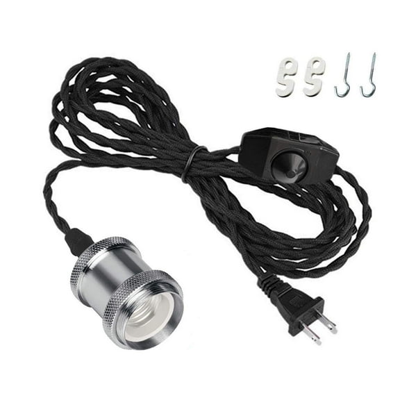 Kiven Single Chrome Edison Socket Vintage-Style Pendant Light Cord w/Dimmer, 14.7FT Twisted Black Cloth Bulb Cord Hanging Light Fixture