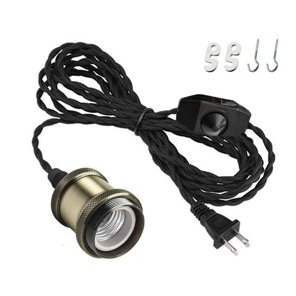 Kiven Single Retro Edison Socket plug in Pendant Light Kit Cord with Dimmer Switch and 14.7FT Twisted Black Cloth Bulb Cord Hanging Light Fixture for Industrial Vintage Retro DIY Projects